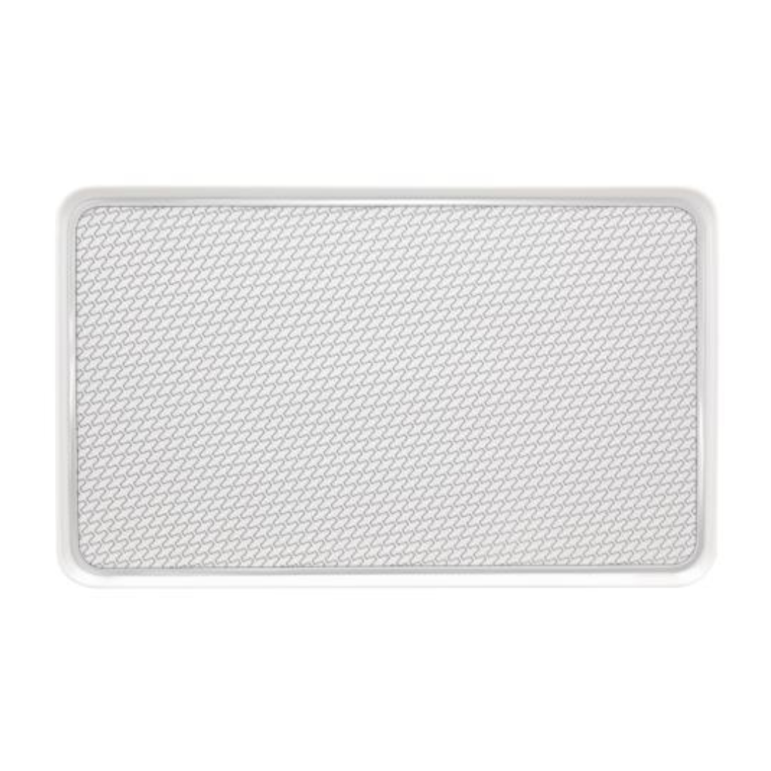 The Trasso Dinnerware tray by Vista Alegre is a rectangular white piece with slightly raised edges and a mesh-like crisscross inner pattern, reflecting the collection’s modern geometric design.