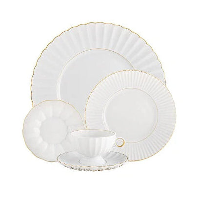 The Vista Alegre 200 Anos Dinnerware set features white porcelain with scalloped edges, hand-painted gold trim, and modern elegance. Includes dinner plate, salad plate, bread plate, teacup, and saucer—all displayed on a white background.