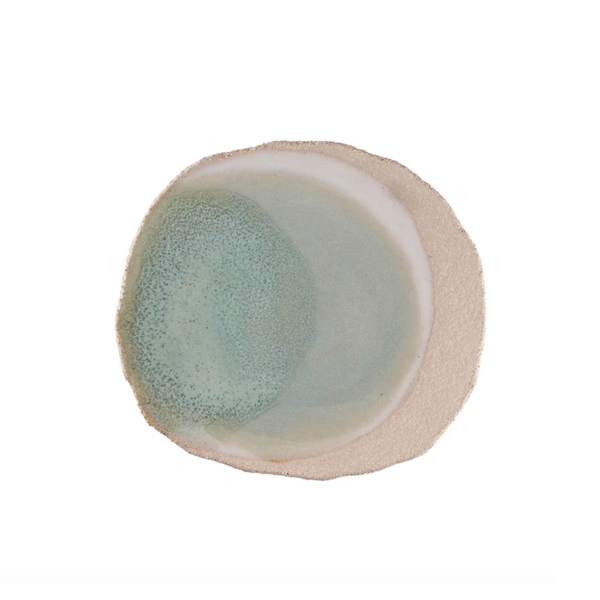 The Wabi Dinnerware Vert by Jars is a speckled turquoise ceramic bowl with a rough beige rim, handmade in the Wabi Sabi style from grog clay stoneware, shown on a white background.