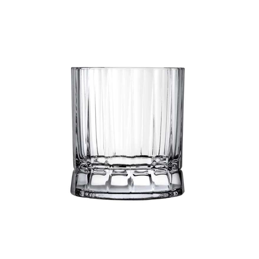 A set of four Wayne DOF glasses by Nude Glassware, crafted from lead-free crystal with vertical ribbed sides and a faceted base, is displayed against a white background.