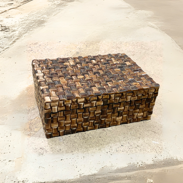 The Bojay Weave Antique Box - Large features a rectangular design with a woven pattern of small, square brown tiles, creating a natural, earthy look. It is displayed on a textured, light-colored surface.