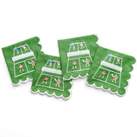 The Day At The Courts Cocktail Napkin Set of 4 by Pomegranate features green cotton napkins, each embroidered with colorful tennis doubles teams on a white court—ideal as unique pickleball table linens or cocktail napkins.