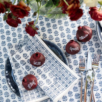A table setting features Pomegranate’s Elise Napkin Set of 4 - Blue, layered blue tableware, silverware, red pomegranate place cards for Will, Lily, Gavin, and Olivia, with red flowers hanging above.