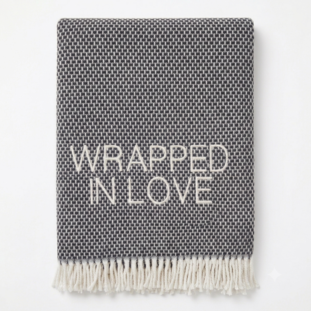 A Soft Idea’s Wrapped in Love Throw is a folded dark gray woven blanket with white fringed edges. Super soft, machine washable, and “WRAPPED IN LOVE” stitched in white—perfect for gifting.