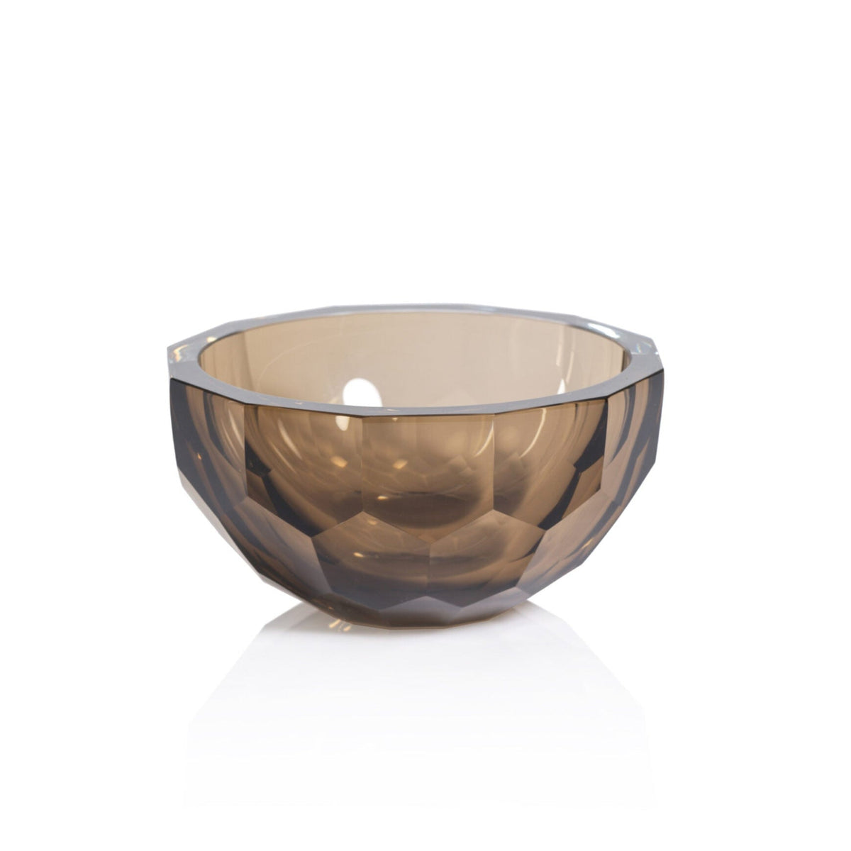 The Vale Faceted Glass Bowl by Zodax is crafted from heavy-weight, translucent brown glass with a geometric design, making it an elegant home décor accent. Shown on a white background.