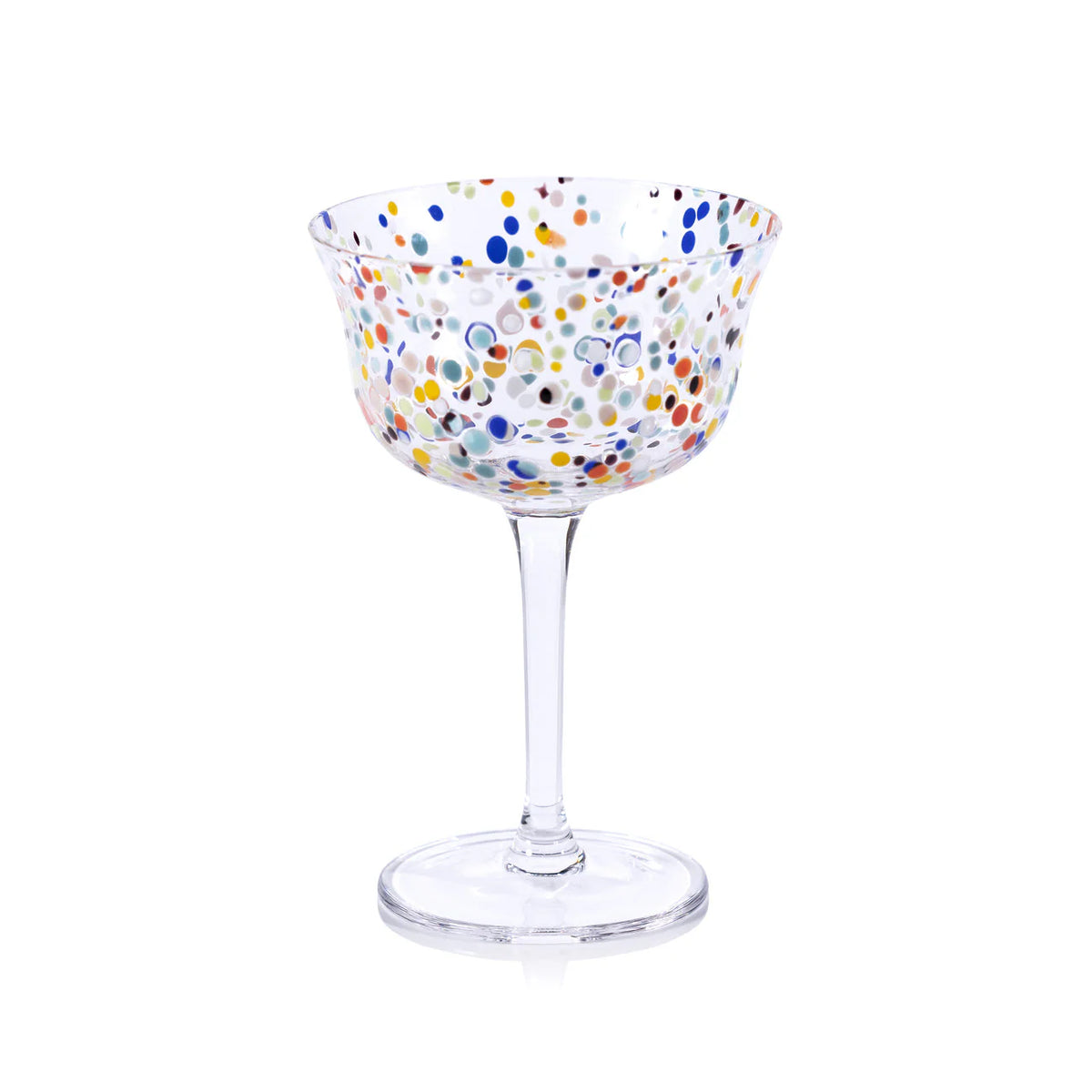 The Zodax Spritz Sprinkles Cocktail Glass features a wide bowl with vibrant blue, orange, green, red, and yellow polka dots on clear glass—perfect for brightening any festive table—with a transparent stem and base.