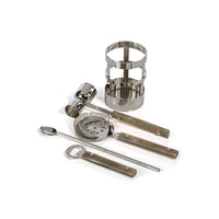 The Zodax Belmont 5 Piece Bar Tool Set features a jigger, bottle opener, strainer, mixing spoon, and ice tongs, all in stainless steel with a matching cylindrical holder—ideal for your home bar.