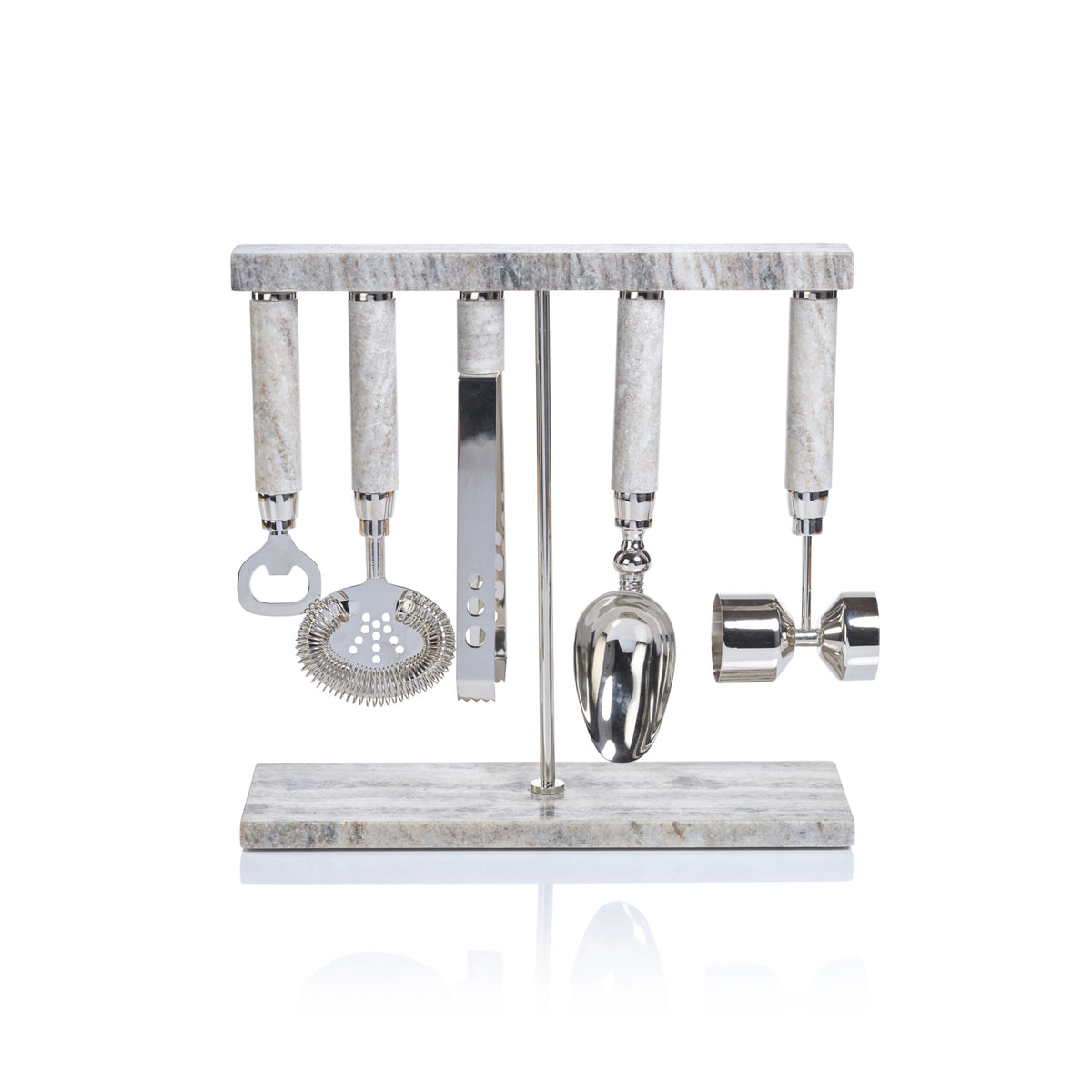 The Zodax Grey Marble Bar Tool 5 Piece Set features bartending essentials—bottle opener, strainer, tongs, ice scoop, and jigger—all with marble handles on a matching stand.
