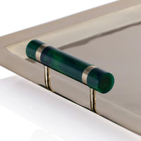 The Spector Serving Tray - Gold & Green by Zodax features a gold tray with a green cylindrical handle accented by two thin gold bands and gold supports, making it an elegant addition to your barware collection.