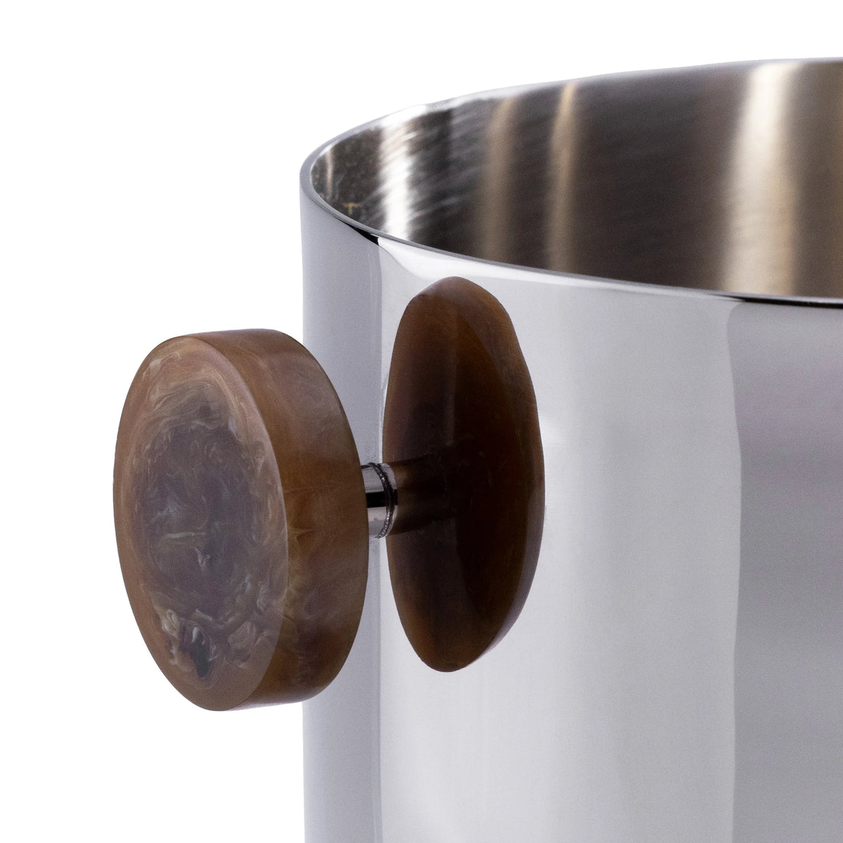 The Spector Ice Bucket by Zodax features a polished nickel finish and a striking amber marbled resin handle—ideal for stylish bar entertaining.
