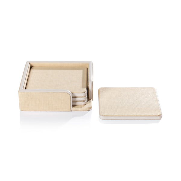 The Zodax Napoli Leather Coaster Set of 4 in Raffia & Cream features beige-textured coasters neatly stacked in a matching holder, with one displayed outside, all on a white background.