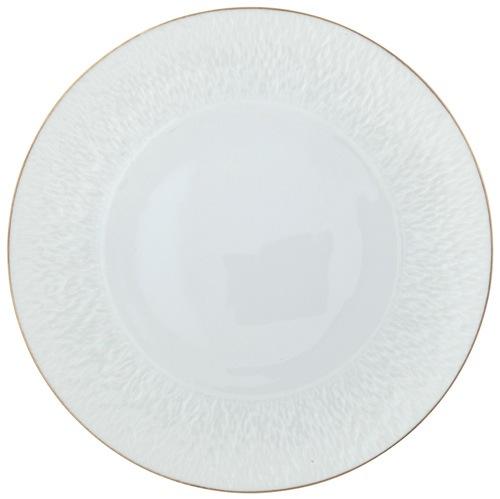 The Mineral Irise Gold Filet Dinnerware by Raynaud, shown from above on a plain background, features white porcelain with a subtle textured rim and gold edge—a refined example of contemporary plate design.