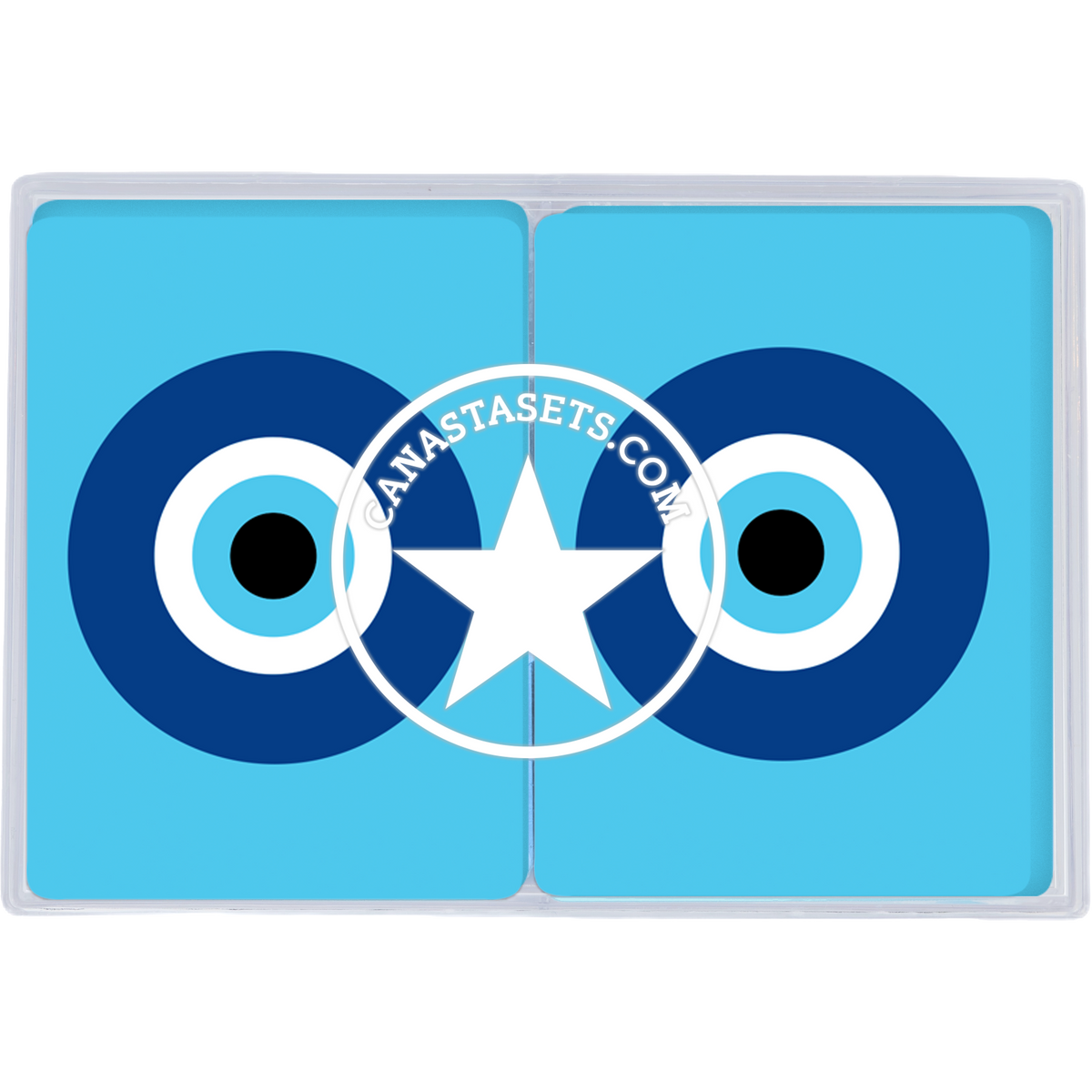 Two blue Canasta Card Sets from Canasta Sets, each featuring an evil eye design with concentric blue, white, and black circles. The high-quality cards are displayed side by side in a transparent case with CANASTASETS.COM on a central white star.