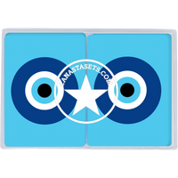 Two blue Canasta Card Sets from Canasta Sets, each featuring an evil eye design with concentric blue, white, and black circles. The high-quality cards are displayed side by side in a transparent case with CANASTASETS.COM on a central white star.