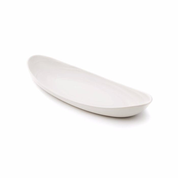 The Simon Pearce Barre Serving Platter - Alabaster is a white, oval-shaped, shallow ceramic piece with smooth edges, shown on a plain white background.