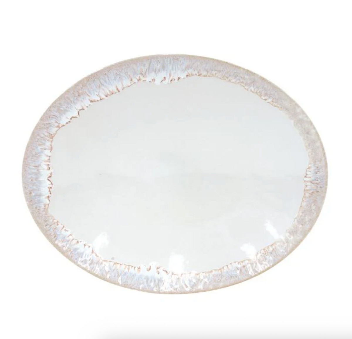A round, white Taormina Dinnerware plate by Casafina, crafted from fine stoneware with a textured, uneven beige and light brown rim, displayed against a plain white background.