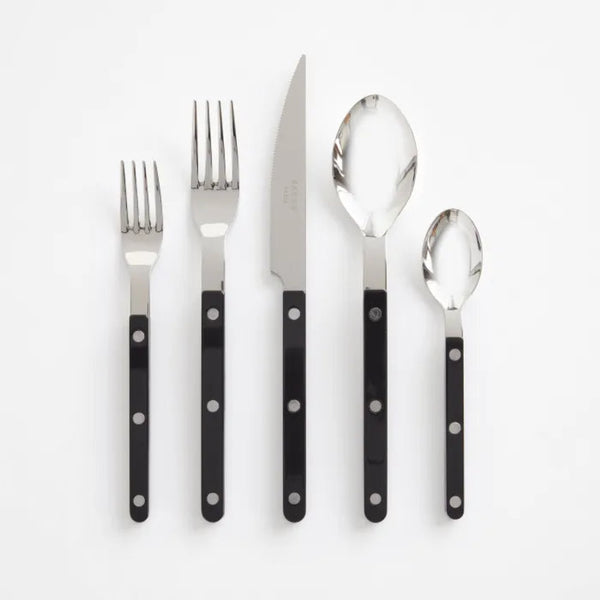The Sabre Bistrot Solid Flatware 5 Piece Setting - Shiny features two forks, one knife, one tablespoon, and one teaspoon with black handles, arranged side by side on a white background.