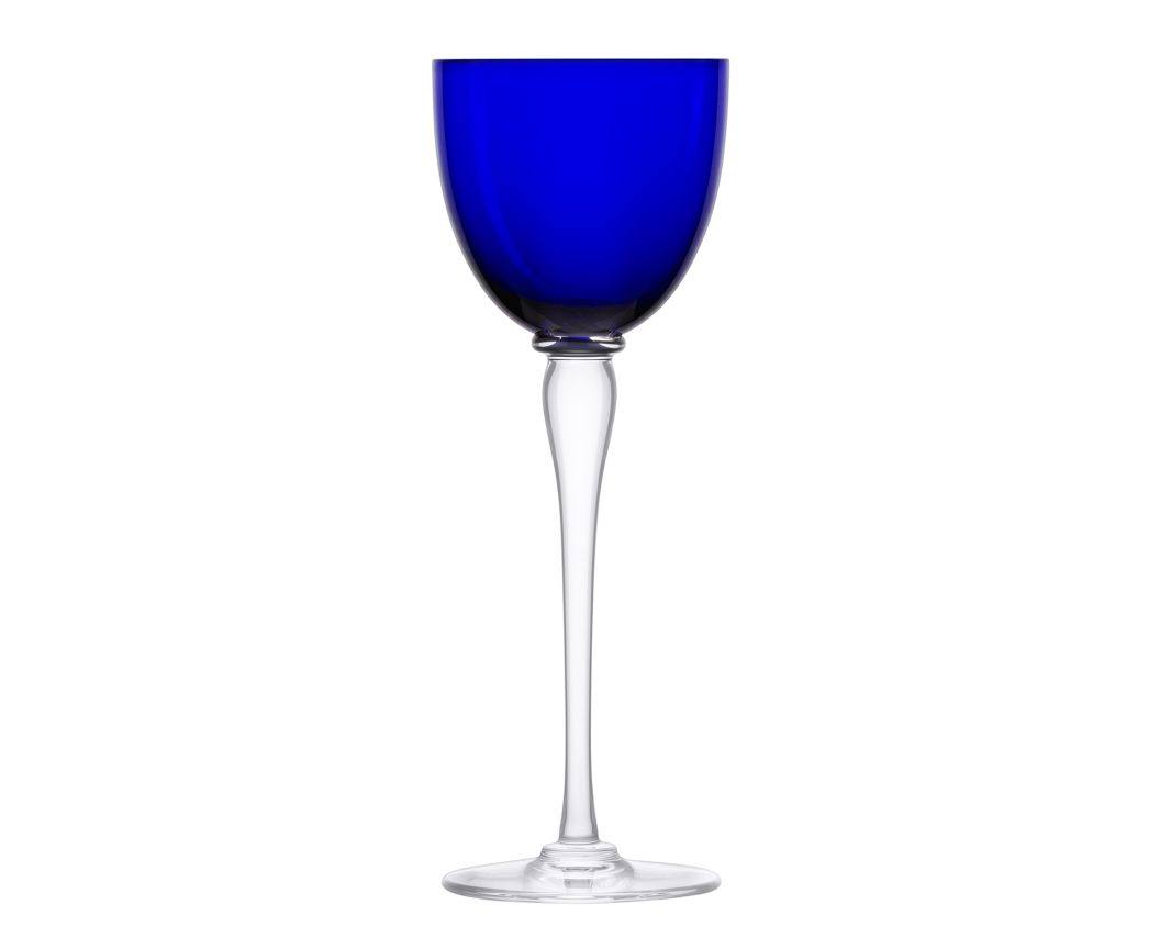 A blue Amadeus Hock Stemware wine glass by Saint-Louis/Hermes with a clear, slender stem and round base is displayed against a plain white background.