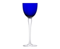 A blue Amadeus Hock Stemware wine glass by Saint-Louis/Hermes with a clear, slender stem and round base is displayed against a plain white background.