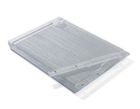 The Apeloig Collection Metallic Silver Acrylic Challah Board features a silver textured acrylic surface with a flat, transparent clip, styled as a modern challah board and displayed at an angle on a white background.