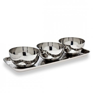 Godinger Hammered Tray w/3 Bowls Round consisting of three round, hammered-metal serving bowls resting on a matching rectangular stainless steel tray.