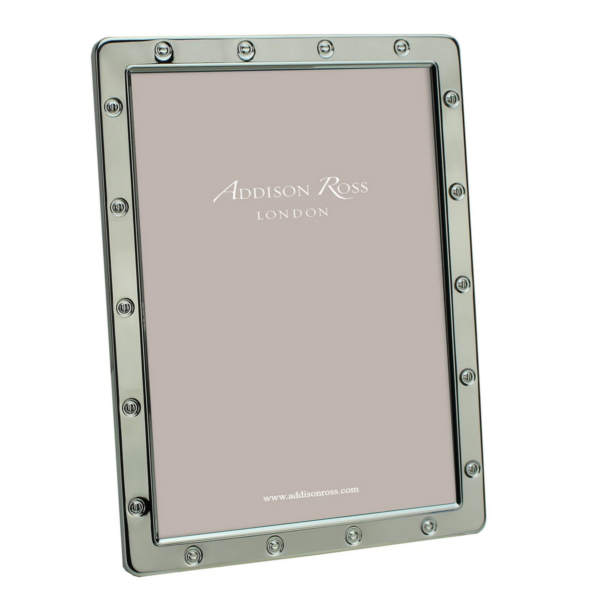 The Addison Ross Locket Frame Silver features a studded border, plush velvet backstand, and displays an insert reading "Addison Ross" with www.addisonross.com at the bottom.