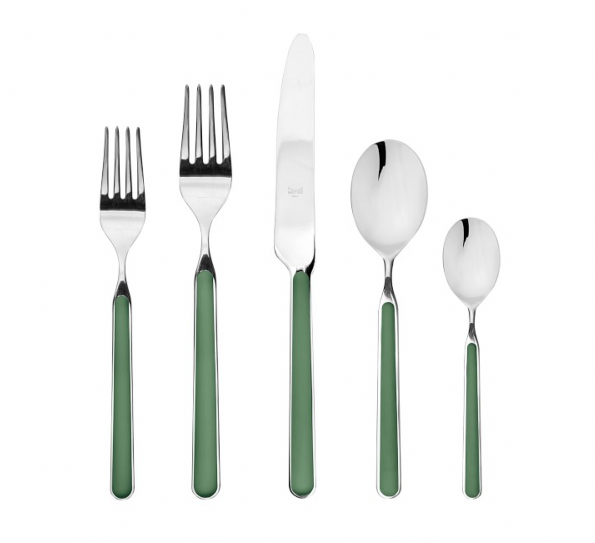 The Mepra Fantasia Flatware 5 Piece Set in green features shiny silver heads, durable resin handles, and includes a dinner fork, salad fork, knife, tablespoon, and teaspoon. Dishwasher safe for everyday elegance—available in 16 colors!.
