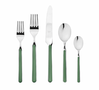 The Mepra Fantasia Flatware 5 Piece Set in green features shiny silver heads, durable resin handles, and includes a dinner fork, salad fork, knife, tablespoon, and teaspoon. Dishwasher safe for everyday elegance—available in 16 colors!.