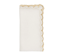 The Arches Napkin Set of 4 by Kim Seybert features white linen with scalloped gold embroidery and a subtle geometric design, blending elegance and modern style.