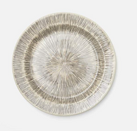 The Nolan Dinnerware Black Cream plate by Blue Pheasant is a round ceramic piece with a beige base, sleek black starburst lines, a slightly raised rim, and glossy finish—ideal for elevating any handpainted tabletop.