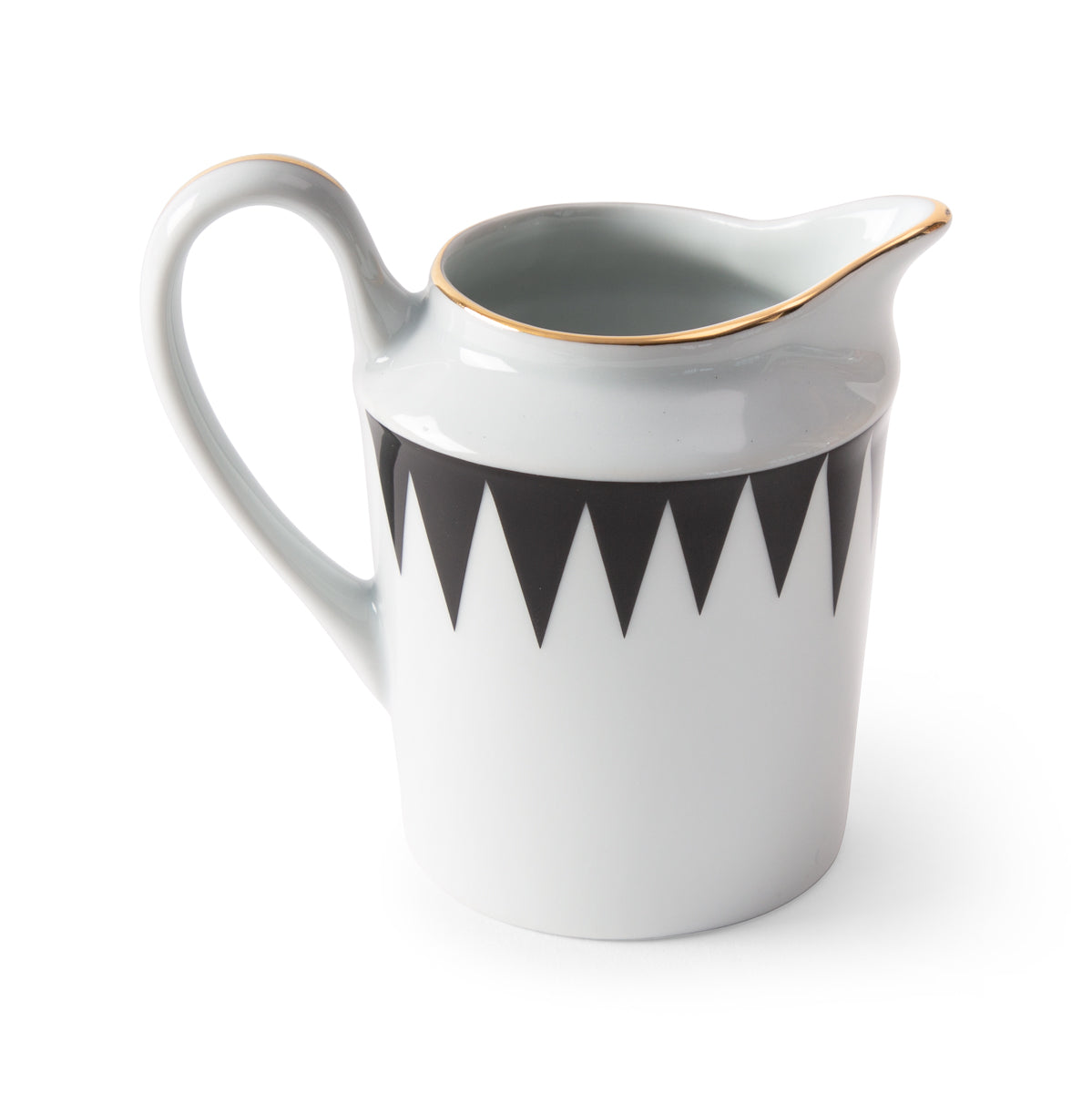 The Punk Dinnerware ceramic pitcher by Molecot features a curved handle, black zigzag pattern near the top, and a thin gold rim, creating modern tableware that stands out against a plain white background.