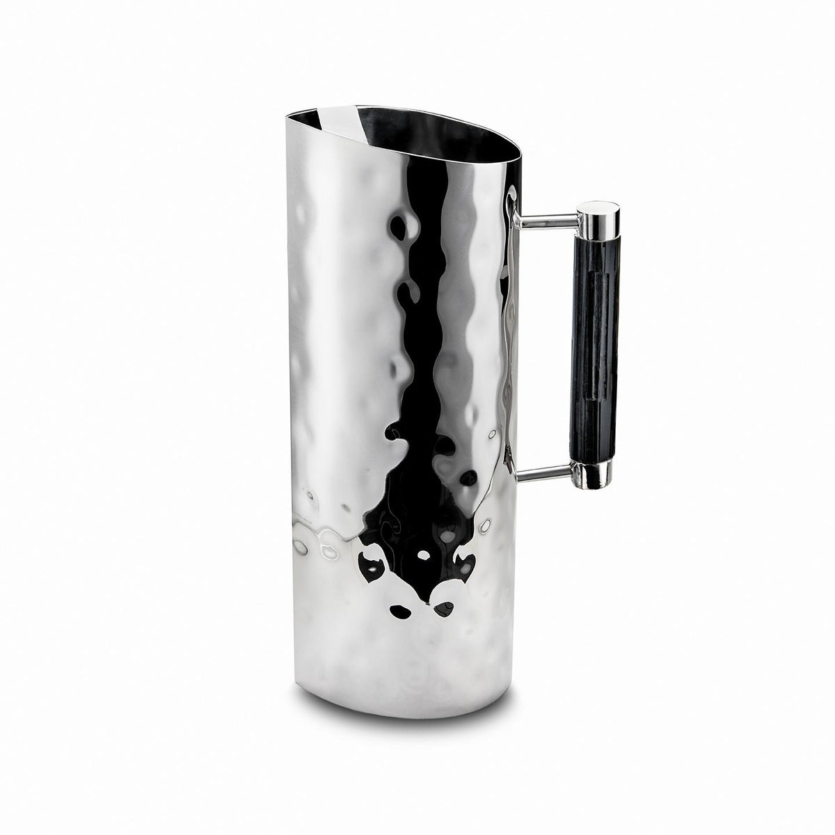 The Mary Jurek Tundra Resin Black Handle Pitcher stands upright against a plain white background, showcasing its tall cylindrical stainless steel body and smooth black handle.