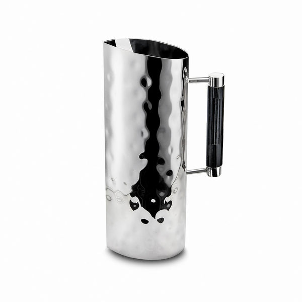 The Mary Jurek Tundra Resin Black Handle Pitcher stands upright against a plain white background, showcasing its tall cylindrical stainless steel body and smooth black handle.