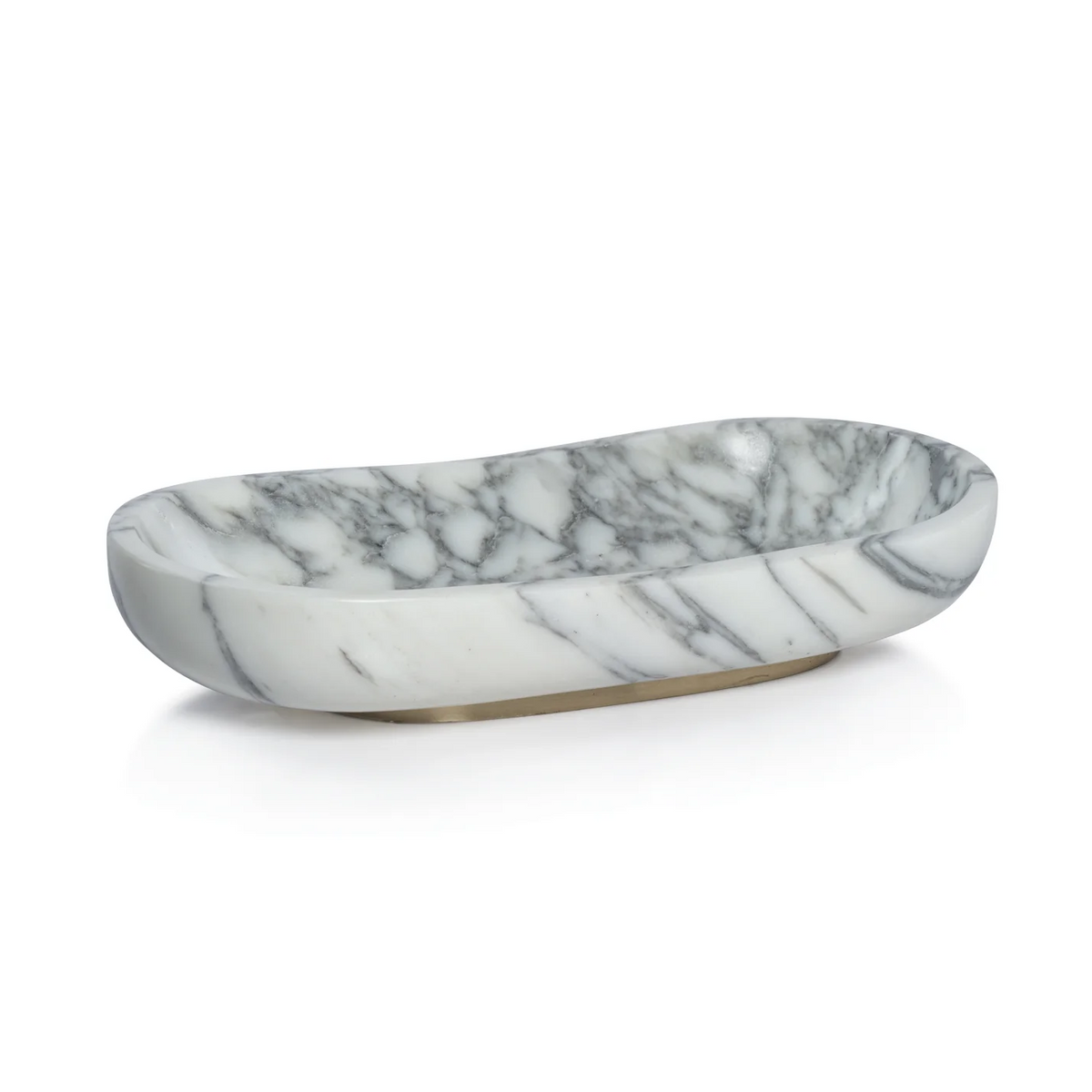 The Zodax Arebascato Oval Marble Bowl On Gold Base features gray veining, smooth rounded edges, and a polished finish. Its shallow design rests elegantly on a small gold base for a sophisticated decorative touch.