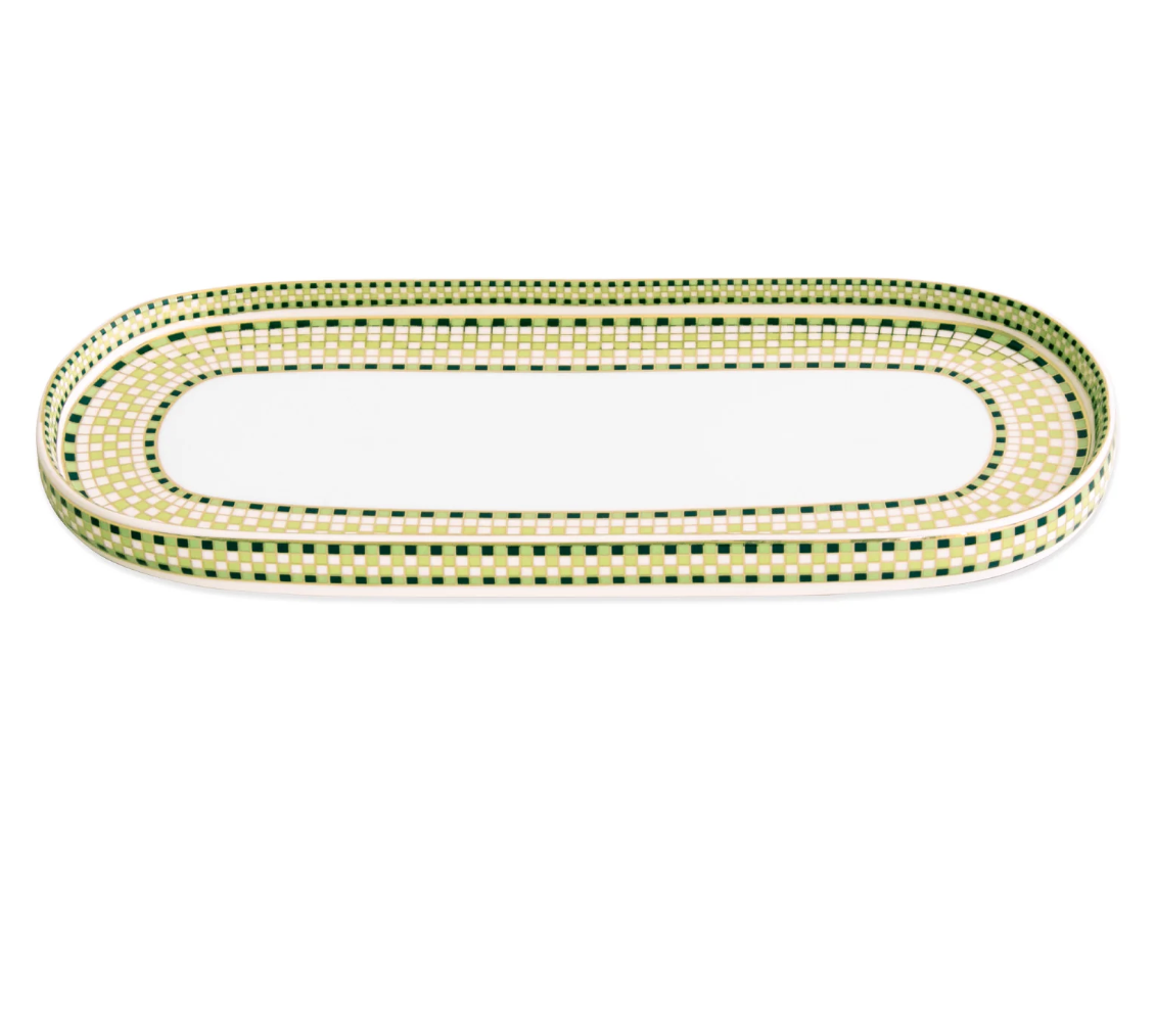The Beatriz Ball Ceramic Ravenna Long Oval Platter - Green & Gold features a white center with a green and gold checkered border.
