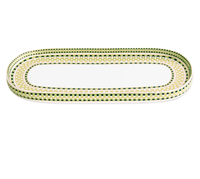 Beatriz Ball’s Ceramic Ravenna Long Oval Platter in Green & Gold features a smooth, glossy finish and a white center, accented by a checkered green, yellow, and black border pattern with a slightly raised rim.