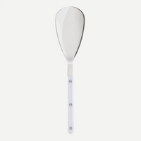 The Sabre Bistrot Shiny Rice Spoon Pearly features a wide, flat metal head and a long handle with three rivets. Its pearlescent, shiny finish gives this customizable cutlery piece a stylish look against a white background.