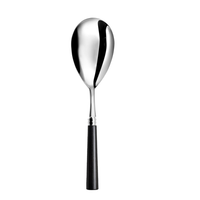 A shiny metal serving spoon from Capdeco’s Marat Wood Flatware, featuring a reflective oval bowl and black handle, displayed on a plain white background—a stylish upgrade to your modern flatware collection.
