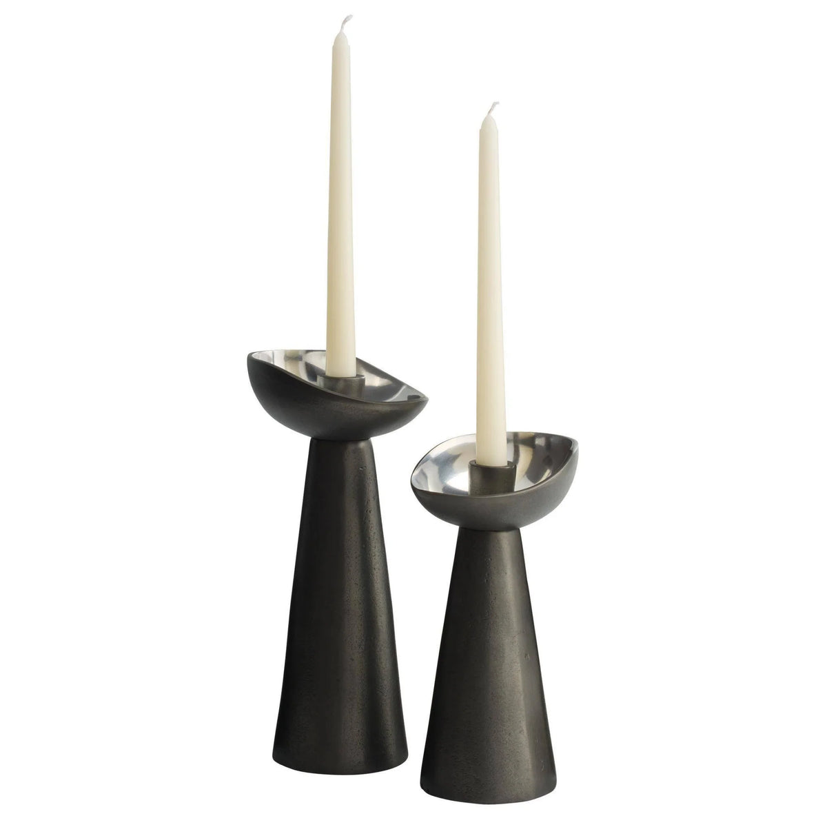 Two sculptural Argemone Candleholder Set of 2 - Black by Arteriors, each with a modern blackened bronze finish, silver accents, and a unique bowl-shaped top holding tall white taper candles.