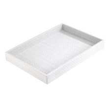 The Bodrum Wicker Rectangle Tray White is a shallow, phthalate-free serving tray with raised edges and a textured surface, displayed on a plain white background.