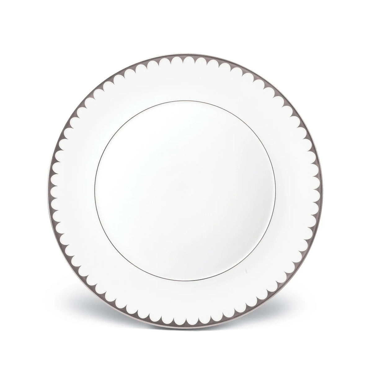 A round white L'Objet Aegean Filet Platinum Dinnerware plate, featuring a platinum scalloped border, is shown from above on a white background—an elegant piece from the L'Objet collection.