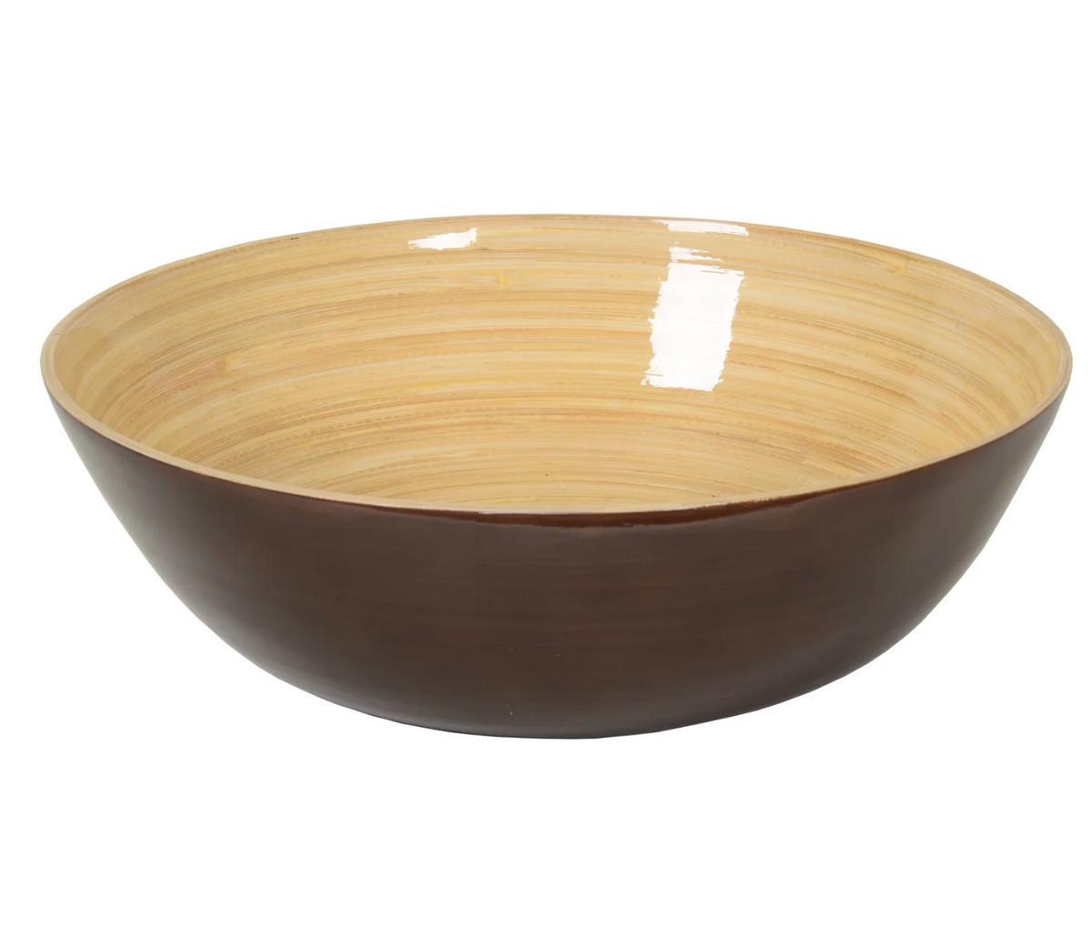 The Albert L Bamboo Classic Serving Bowl 11.7" is a large, round bowl with a dark brown exterior and light wood grain interior. Eco-friendly and glossy, it’s empty and displayed on a plain white background.