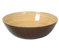 The Albert L Bamboo Classic Serving Bowl 11.7" is a large, round bowl with a dark brown exterior and light wood grain interior. Eco-friendly and glossy, it’s empty and displayed on a plain white background.