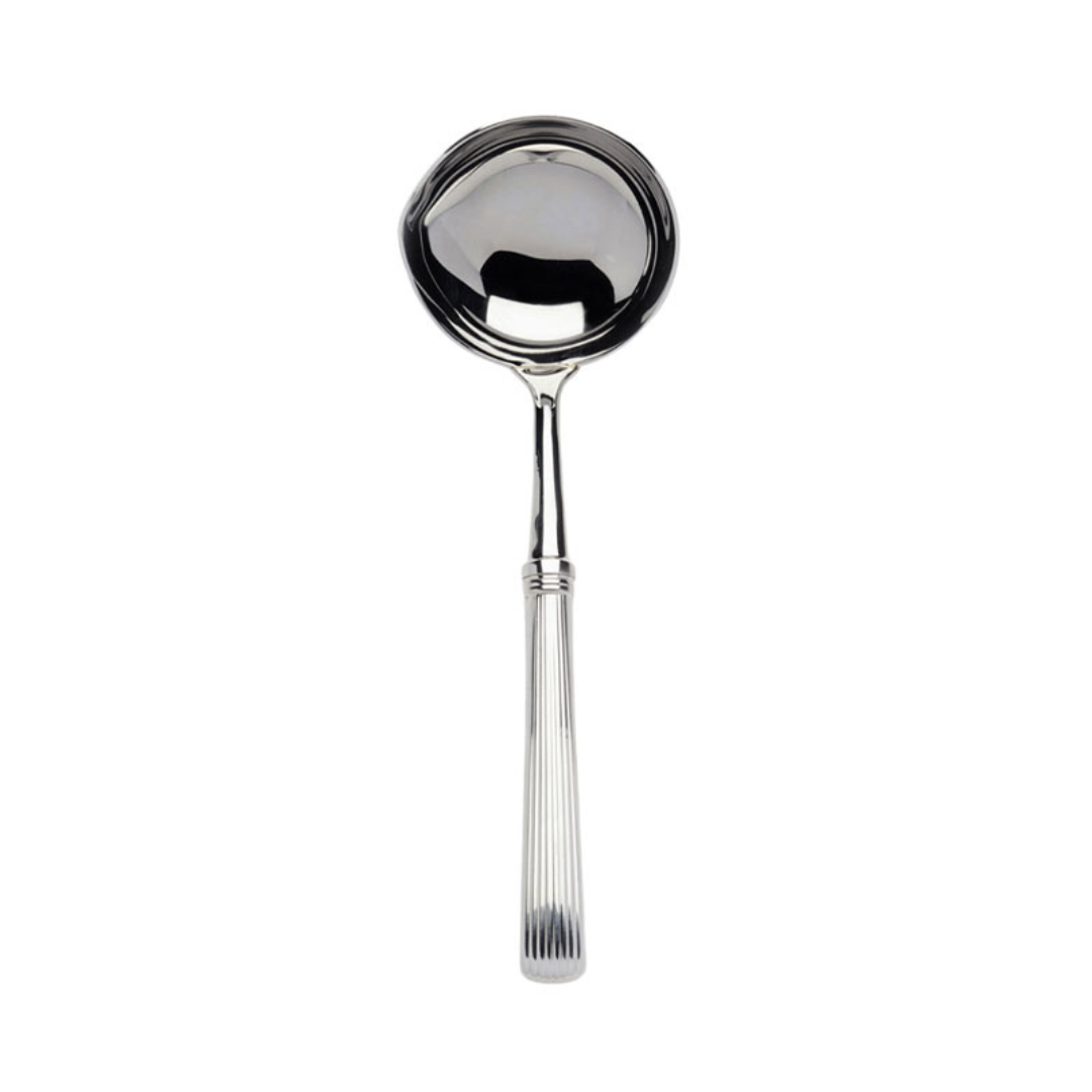 The Beatrix Cream Ladle by Alain Saint-Joanis showcases French craftsmanship with its round, deep stainless steel bowl and long, ridged handle, elegantly presented on a white background.