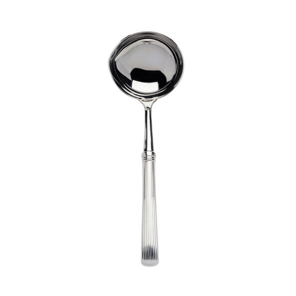 The Beatrix Cream Ladle by Alain Saint-Joanis showcases French craftsmanship with its round, deep stainless steel bowl and long, ridged handle, elegantly presented on a white background.