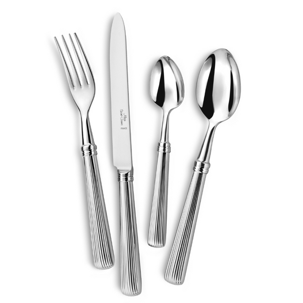 The Alain Saint-Joanis Beatrix Flatware 5 Piece Setting in silver plate features ribbed handles and includes a fork, knife, teaspoon, tablespoon, and salad fork arranged side by side on a white background.