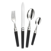 The Alain Saint-Joanis Ingrid Flatware 5 Piece Setting Ebony—silver plated utensils with black handles—includes a fork, knife, tablespoon, teaspoon, and salad fork displayed side by side on a white background.