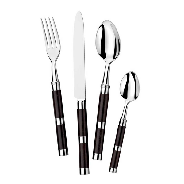 The Alain Saint-Joanis Carla Flatware Ebony 5 Piece Setting features dark handles and silver accents, with a fork, knife, tablespoon, teaspoon, and salad fork displayed side by side on a white background.