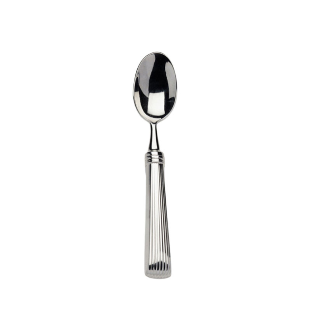 The Beatrix Demi Tasse Spoon by Alain Saint-Joanis features a rounded stainless steel bowl and a handle with vertical grooves, displayed on a plain white background.