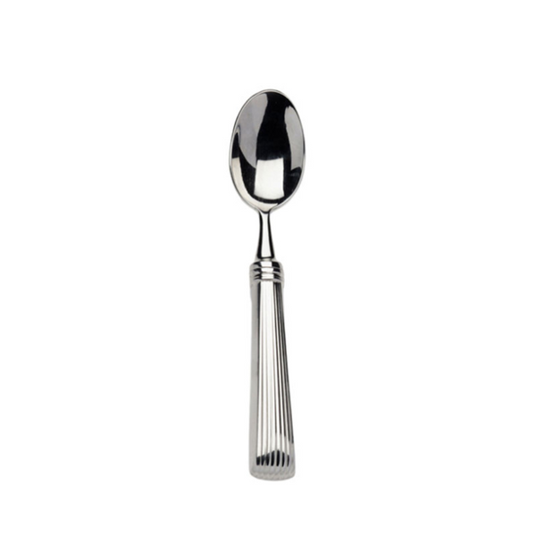 The Beatrix Demi Tasse Spoon by Alain Saint-Joanis features a rounded stainless steel bowl and a handle with vertical grooves, displayed on a plain white background.